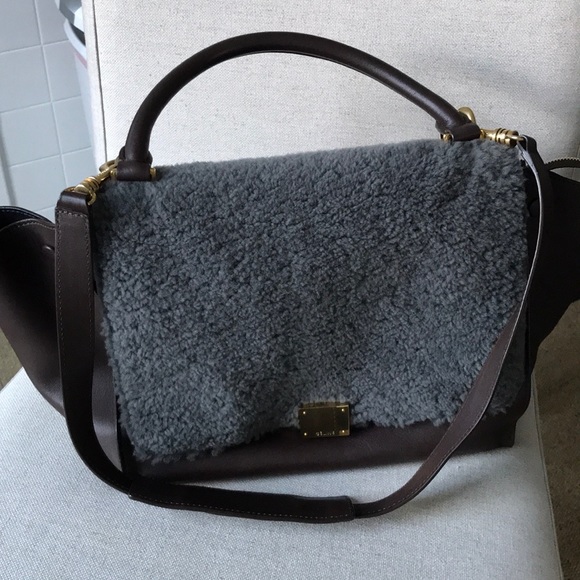 Celine Handbags - Celine Trapeze Shearling Maroon Black Satchel Bag